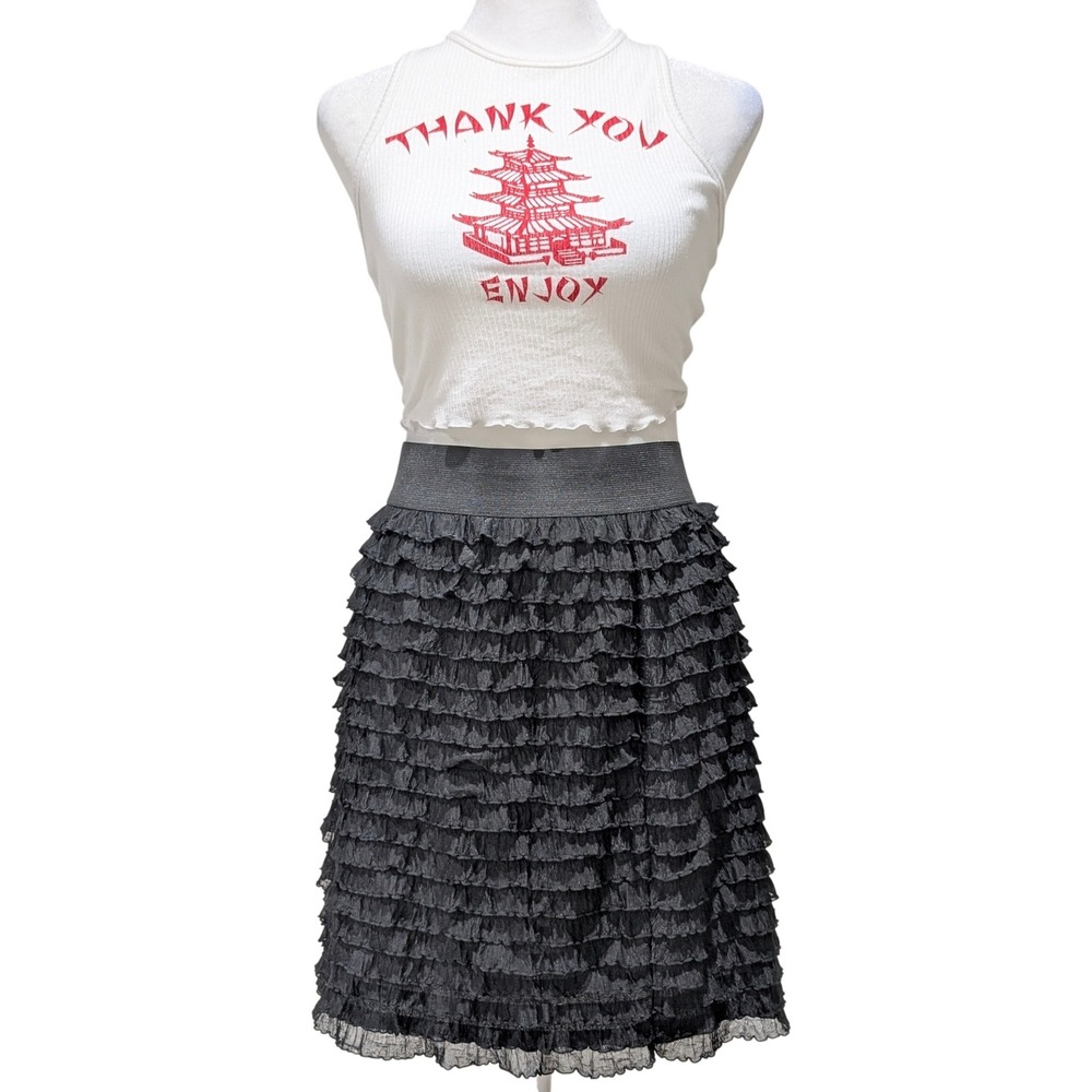Boho Fairy Festival Black Ruffle Tiered Midi Stretchable Skirt Elastic Waist M
